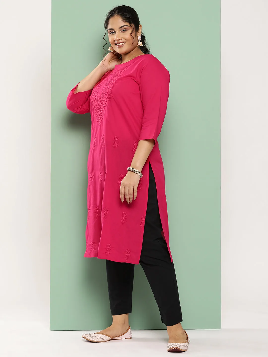 Women Plus Size Pink Pure Cotton Kurta