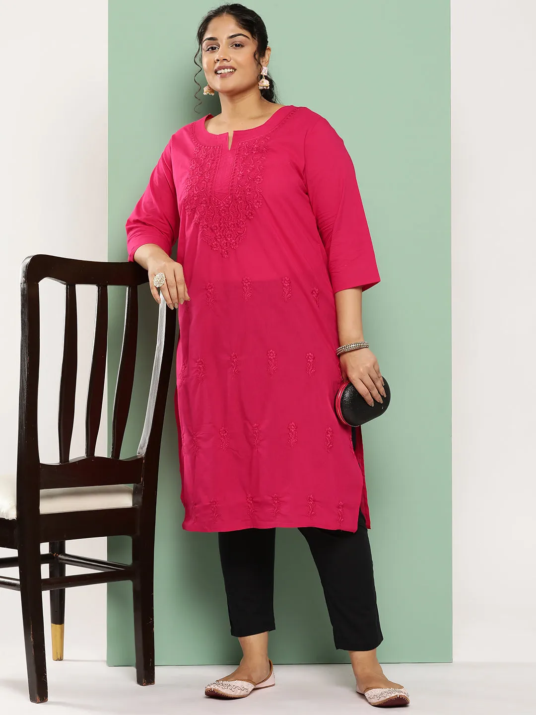 Women Plus Size Pink Pure Cotton Kurta