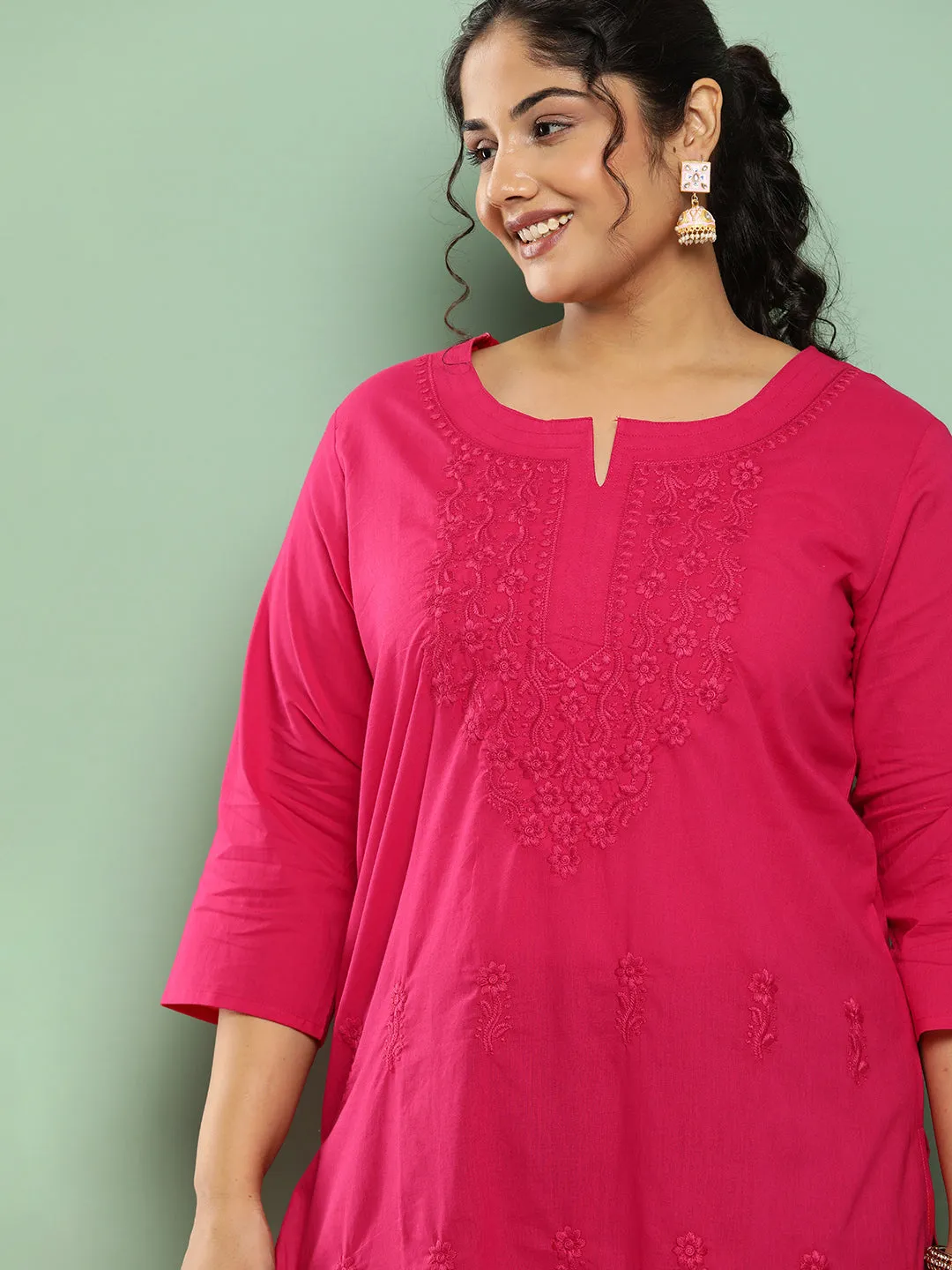 Women Plus Size Pink Pure Cotton Kurta