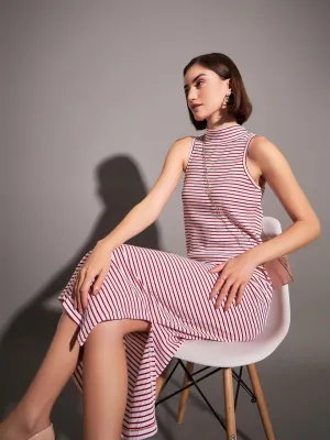 Women Red & White Striped Rib Turtle Neck Sleeveless Dress