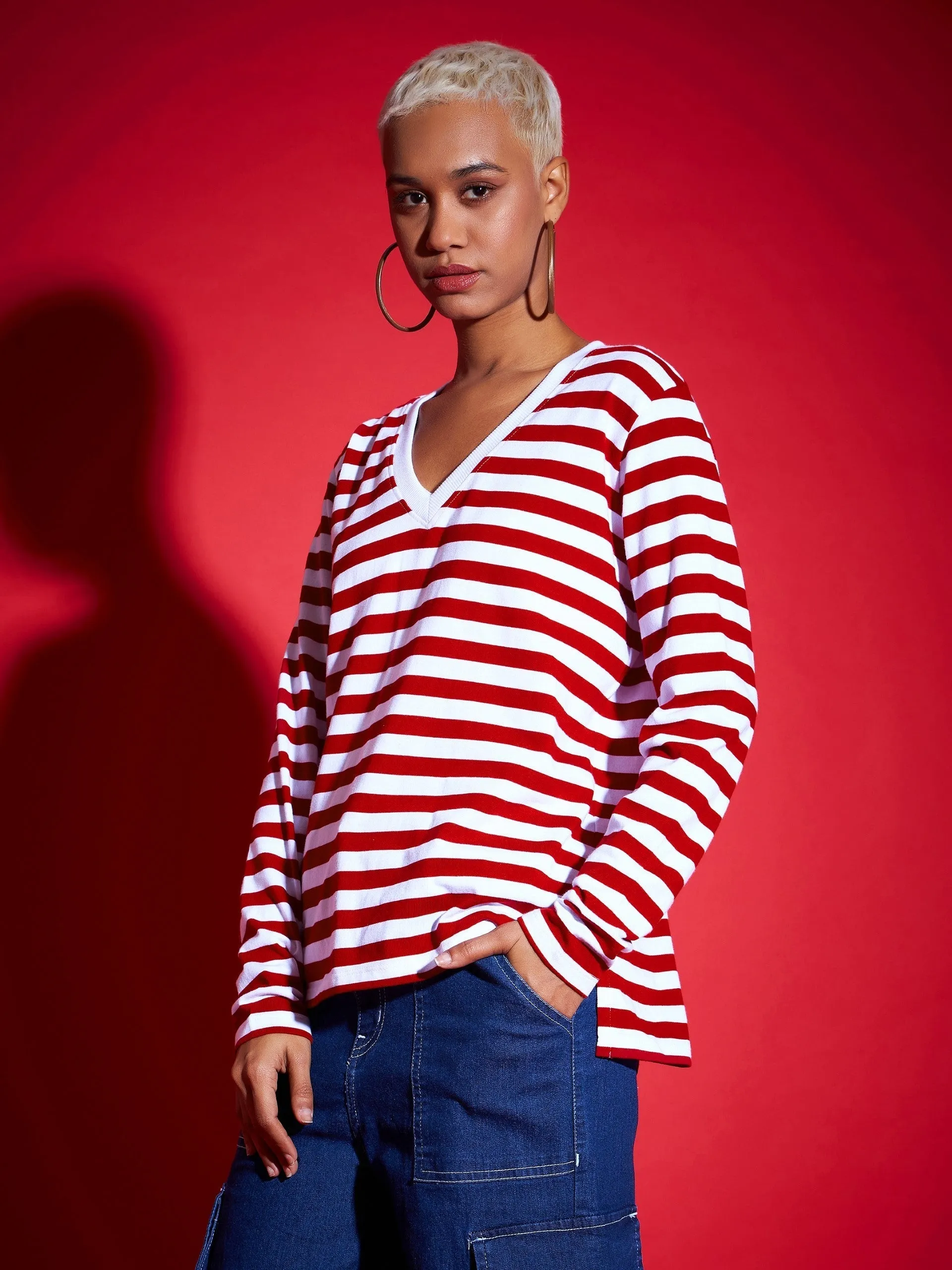 Women Red & White Striped Sweater