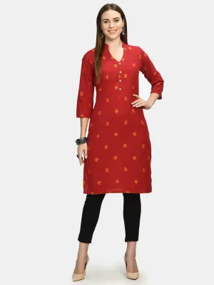 Women Red & Yellow Ethnic Motifs Printed Thread Work Kurta