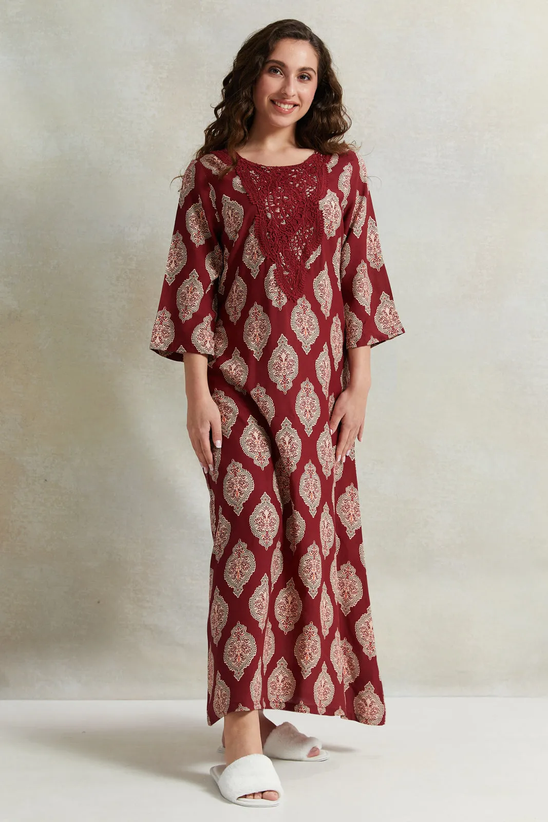 Women Red And Beige Printed Nightgown