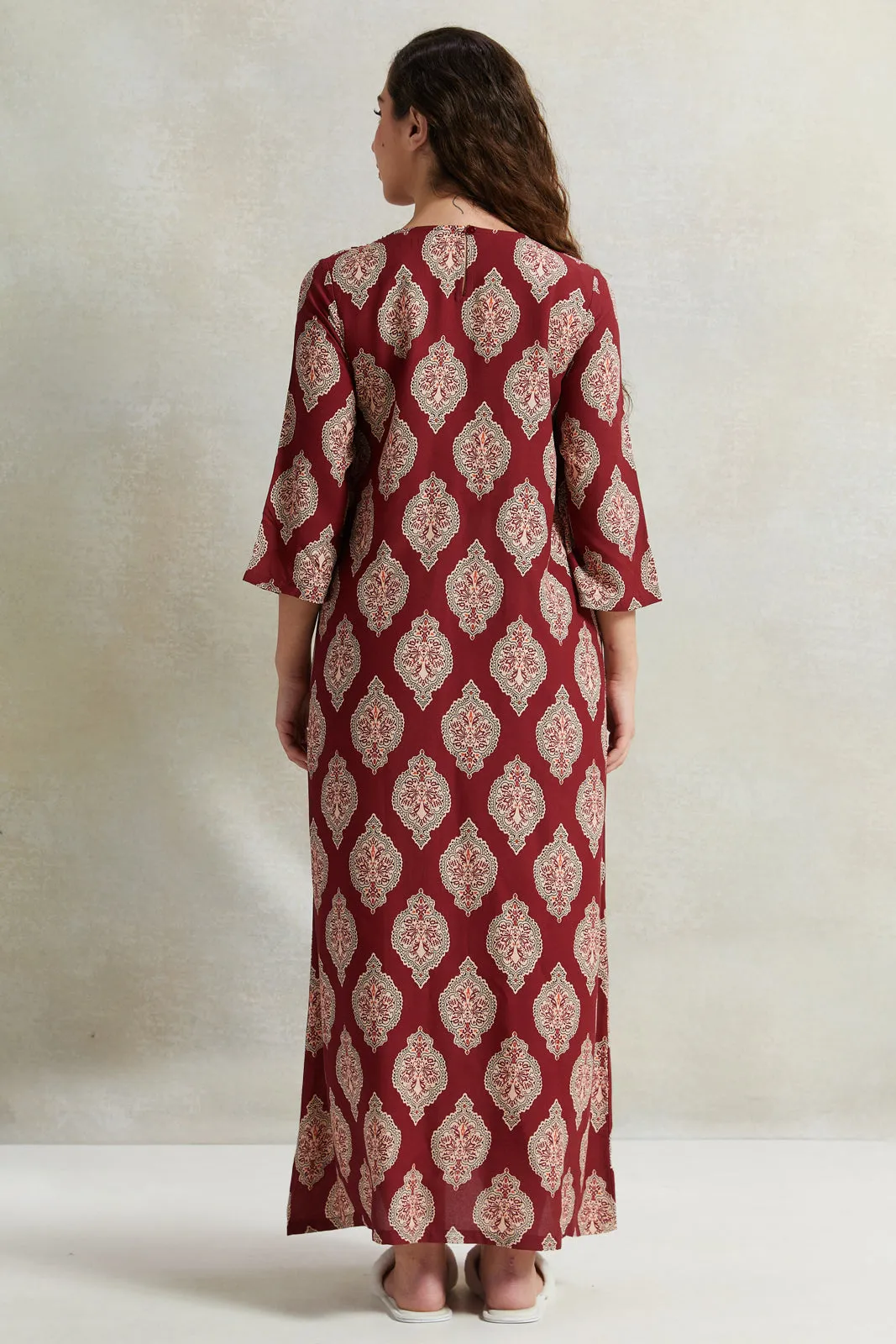 Women Red And Beige Printed Nightgown