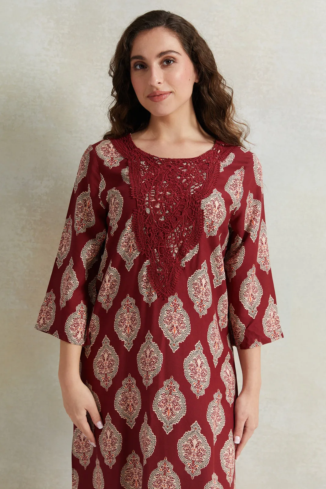 Women Red And Beige Printed Nightgown