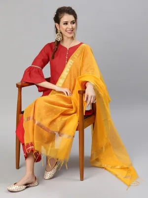 Women Red And Mustard Yellow Solid Kurta With Palazzos And Dupatta