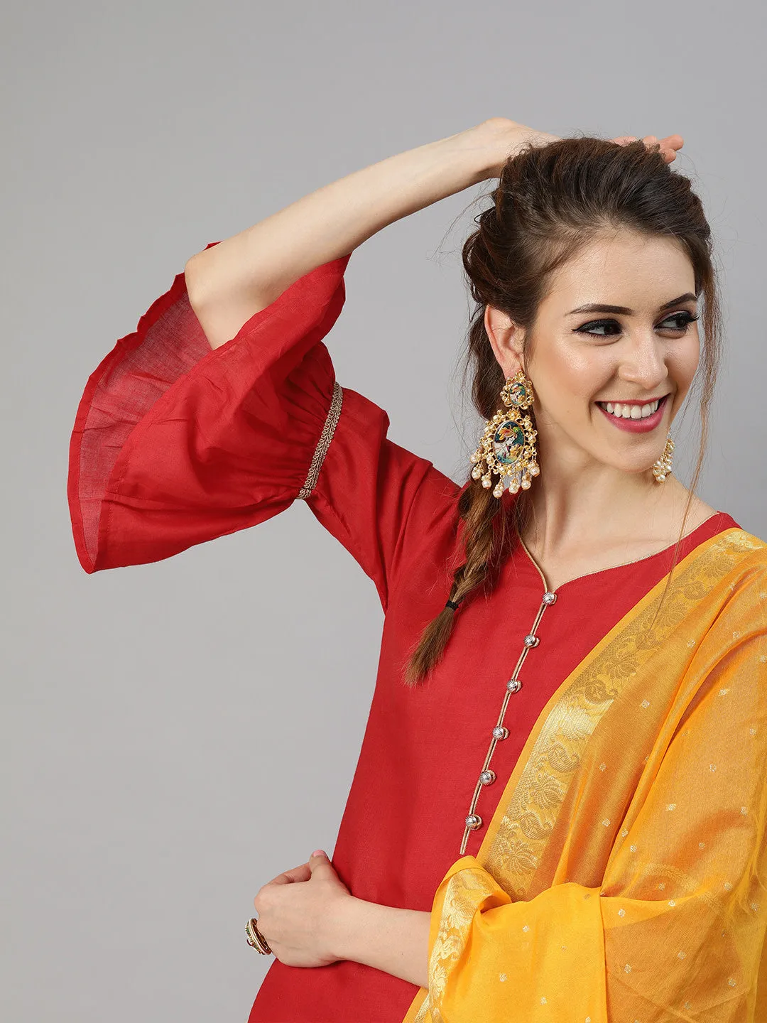 Women Red And Mustard Yellow Solid Kurta With Palazzos And Dupatta