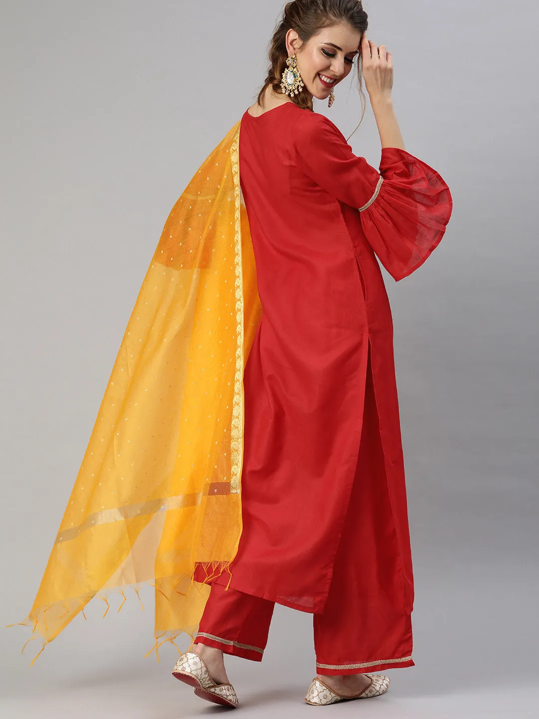 Women Red And Mustard Yellow Solid Kurta With Palazzos And Dupatta