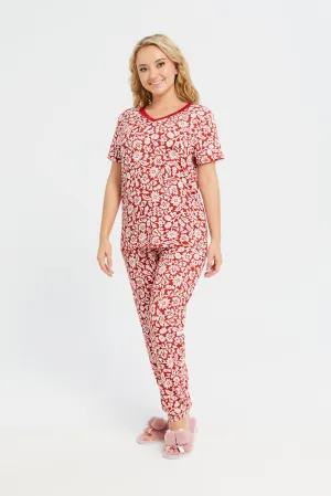 Women Red And White Printed Pyjama Set (2 Piece)