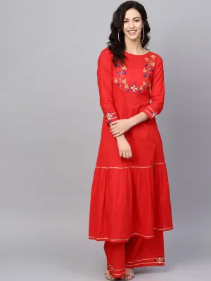 Women Red Floral Panelled Pure Cotton Kurta With Palazzos