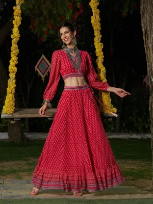 Women Red Floral Puff Sleeves Crop Top With Skirt