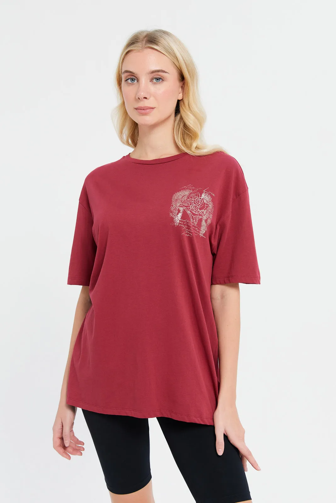 Women Red Oversize Biker T-Shirt