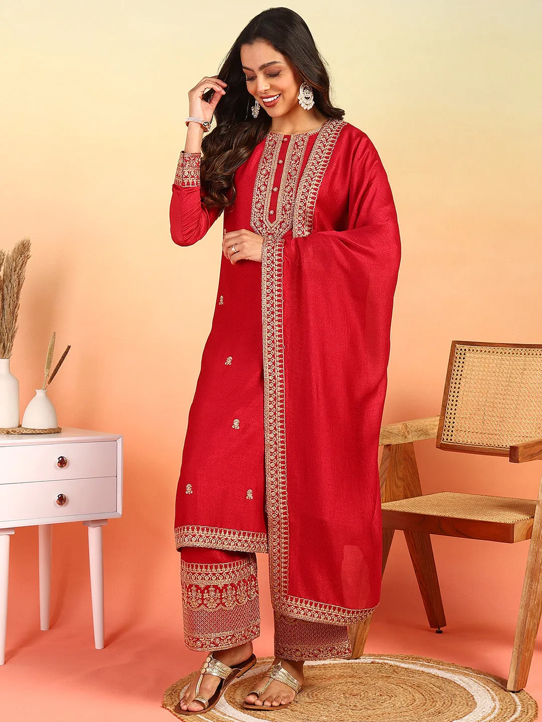 Women Red Silk Blend Solid Embroidered Straight Kurta Palazzo With Dupatta