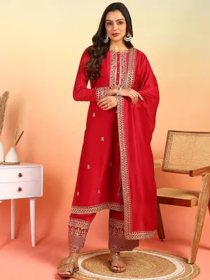 Women Red Silk Blend Solid Embroidered Straight Kurta Palazzo With Dupatta