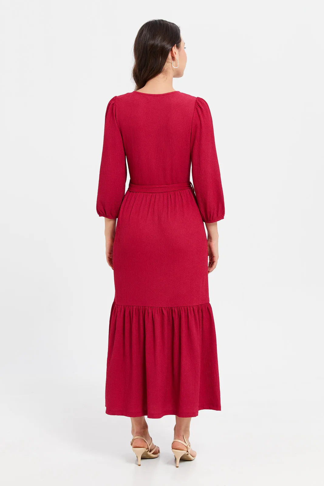 Women Red Textured Tiered Dress