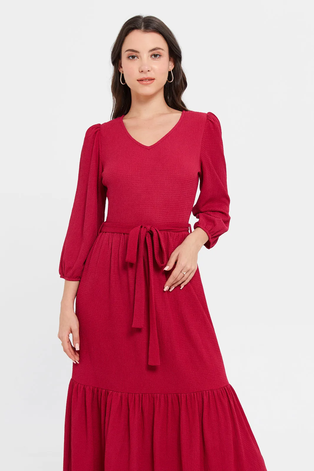 Women Red Textured Tiered Dress