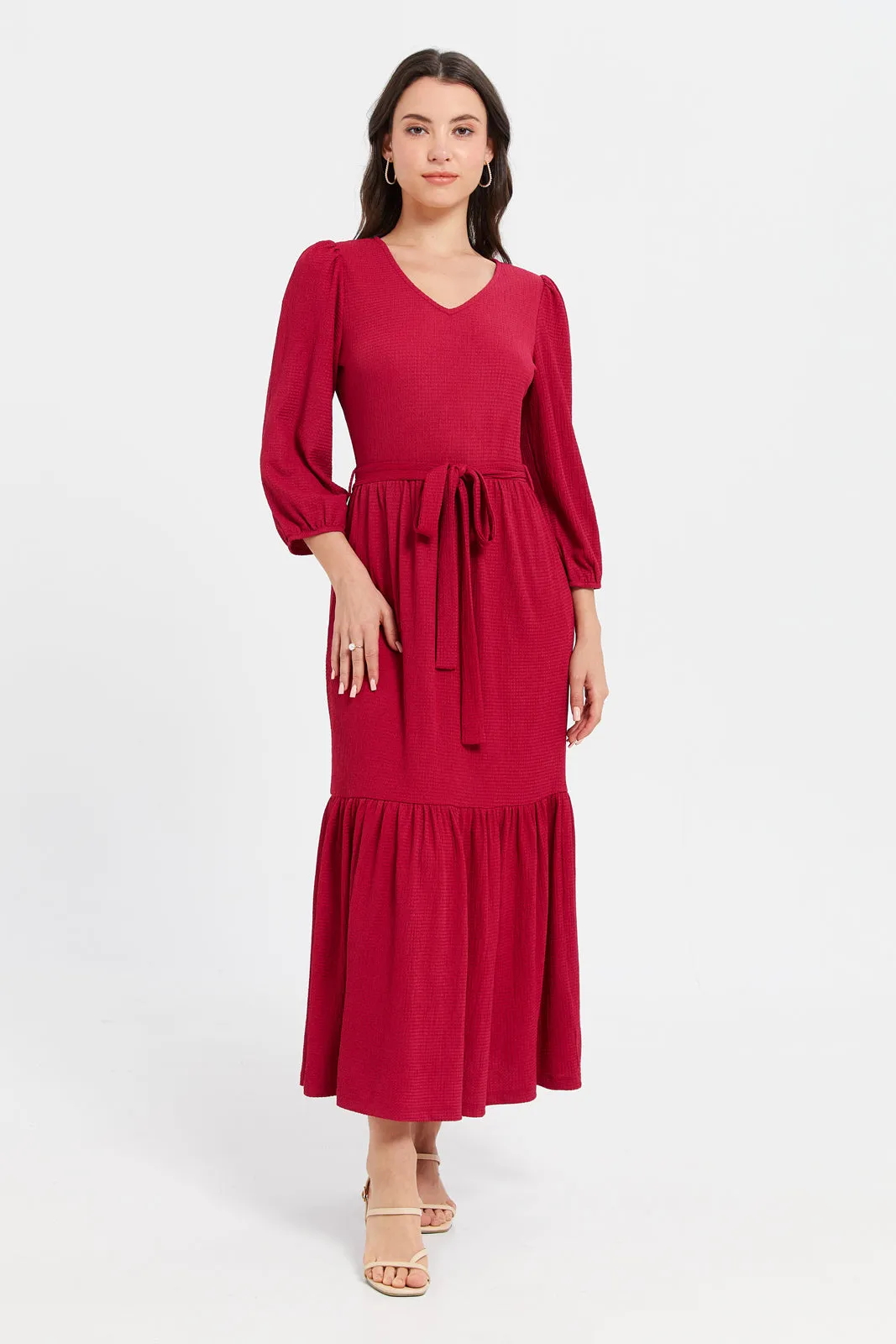 Women Red Textured Tiered Dress