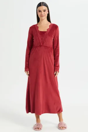 Women Red V-Neck Lace Velvet Nightgown