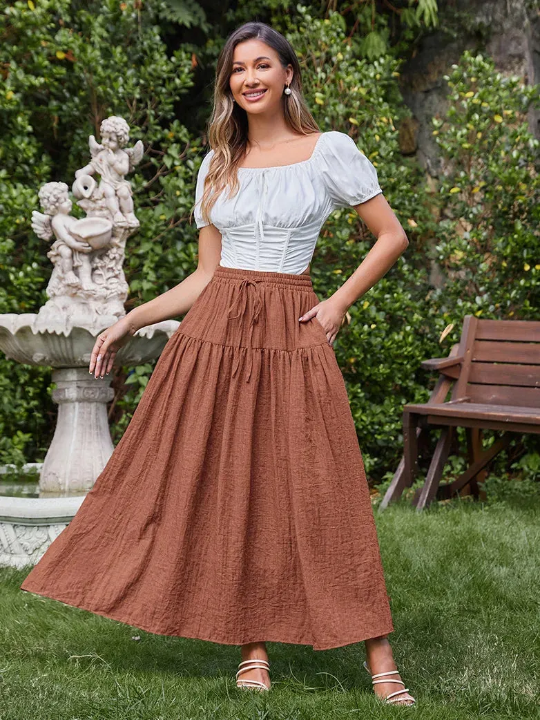 Women Renaissance Cotton Drawstring Swing Maxi Skirt