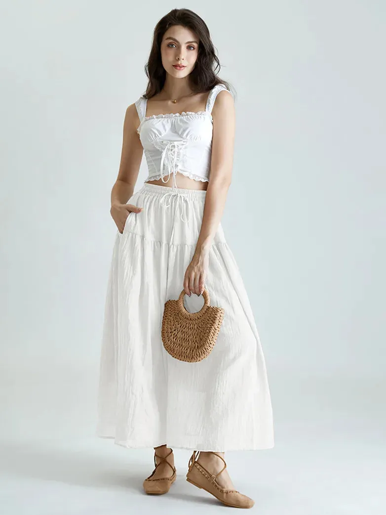 Women Renaissance Cotton Drawstring Swing Maxi Skirt