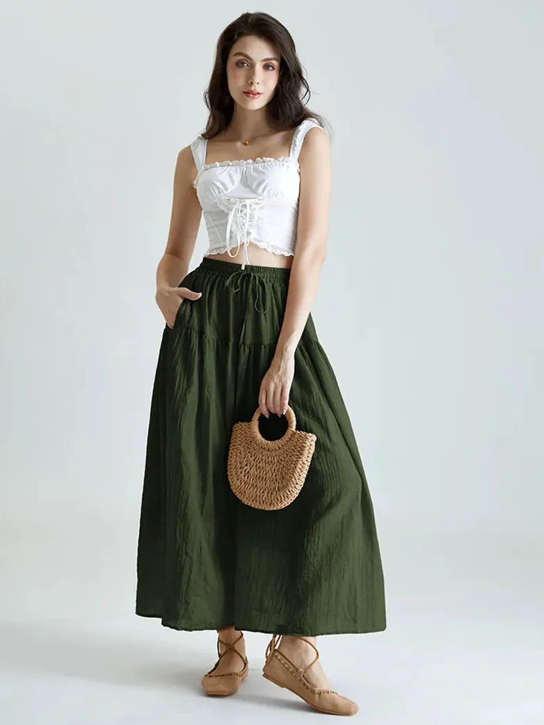 Women Renaissance Cotton Drawstring Swing Maxi Skirt