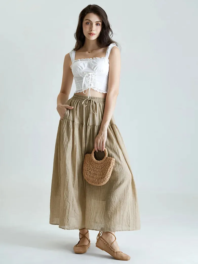 Women Renaissance Cotton Drawstring Swing Maxi Skirt