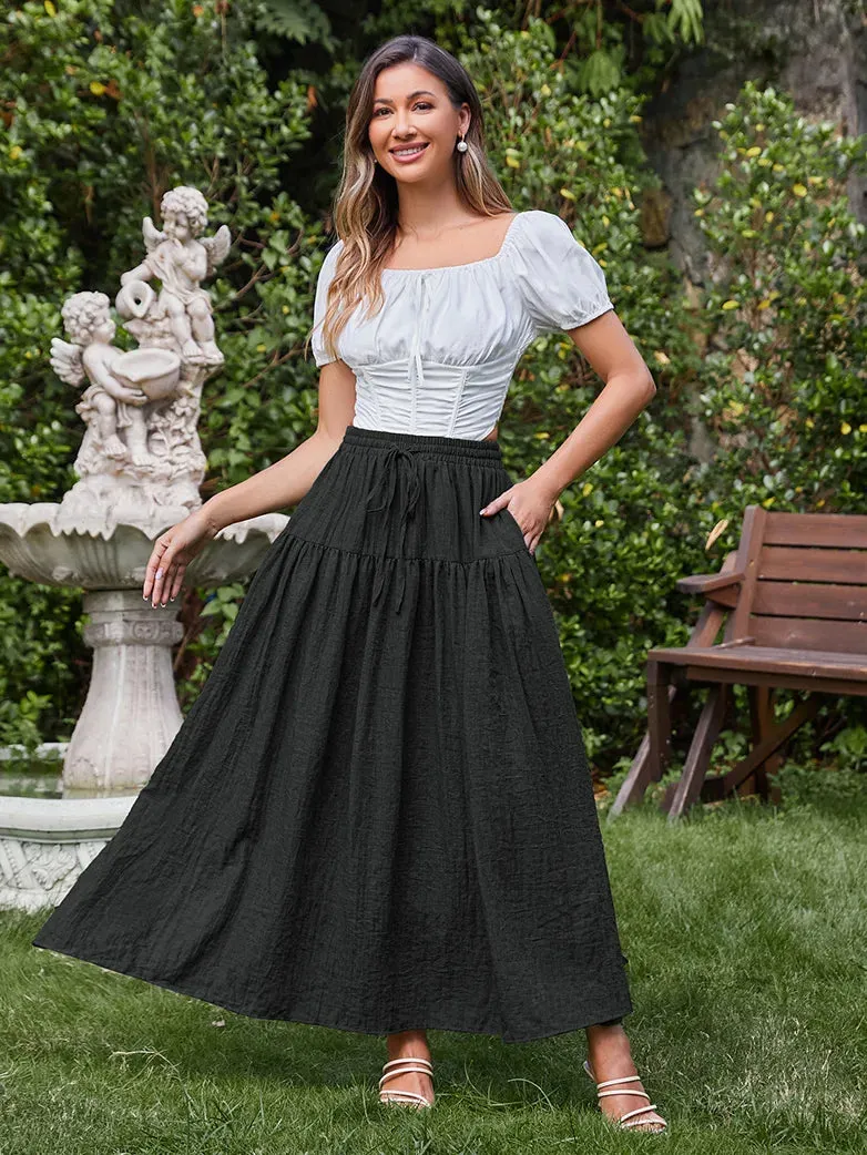 Women Renaissance Cotton Drawstring Swing Maxi Skirt