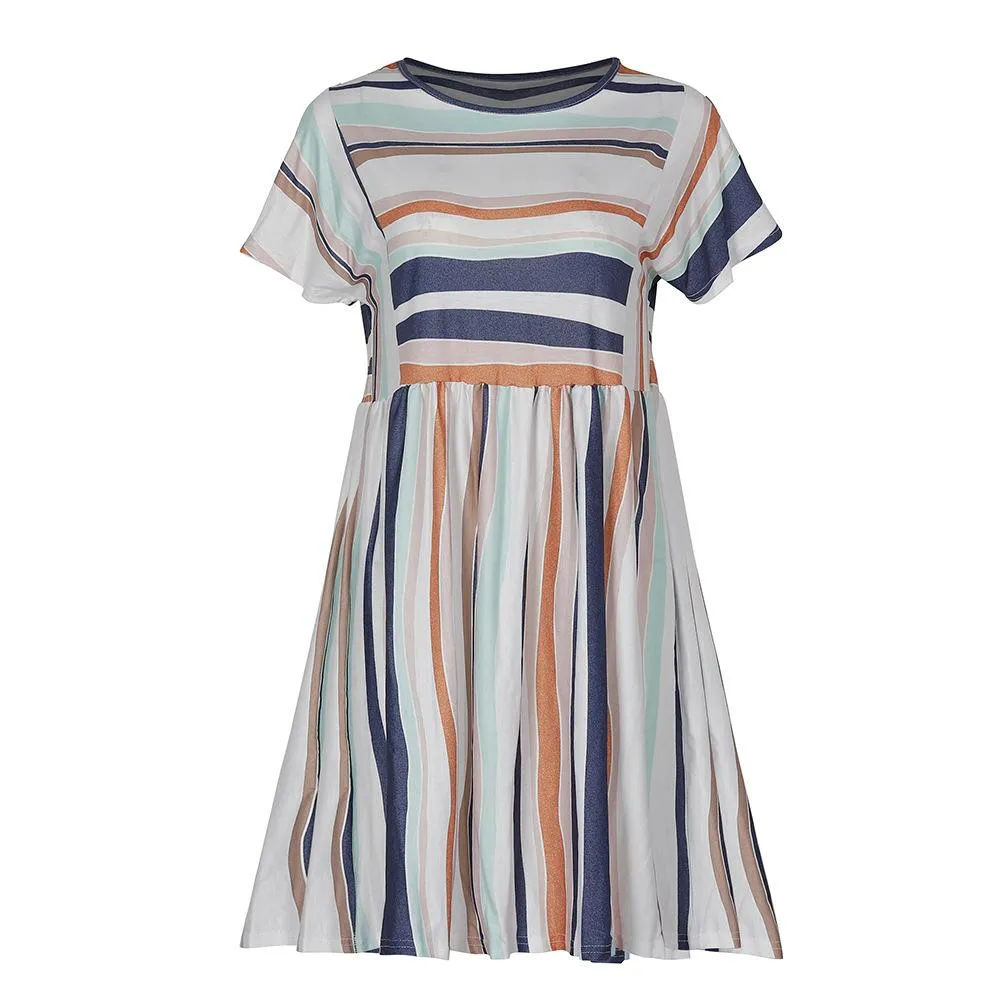 Women Round Neck Stripe Panel Mini Plus Size Dress