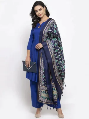 Women Royal-Blue Solid Kurta With Palazzos & Art-Silk Printed Dupatta