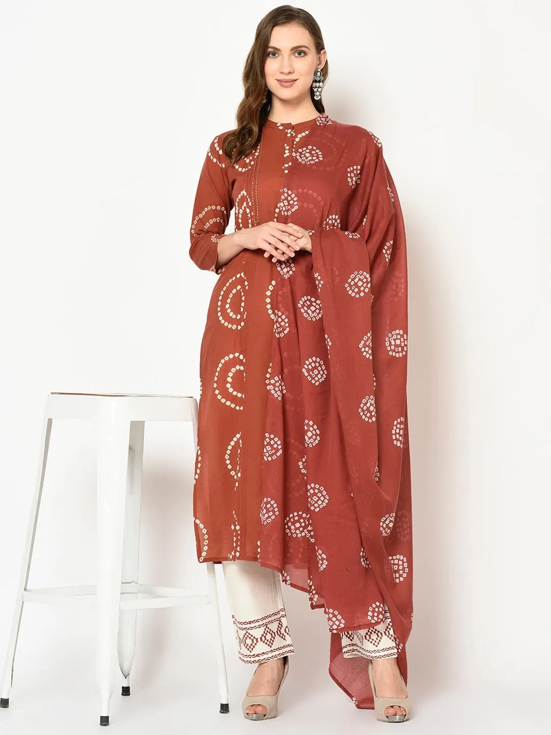 Women Rust & Off-White Bandhani Dupatta Set