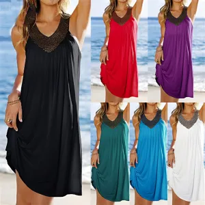 Women Sexy Casual Sleeveless Pleated Beaded Vest Dress