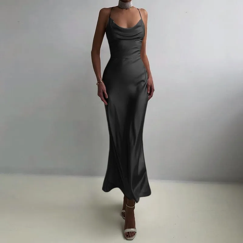 Women Sexy Spaghetti Strap Long Dress 2022 Summer Elegant Satin Party Maxi Sundress Fashion Hollow Backless Club Vestidos