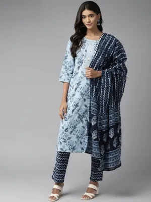 Women Sky Blue And Mirror Work Cotton Kurta With Pant And Dupatta Set