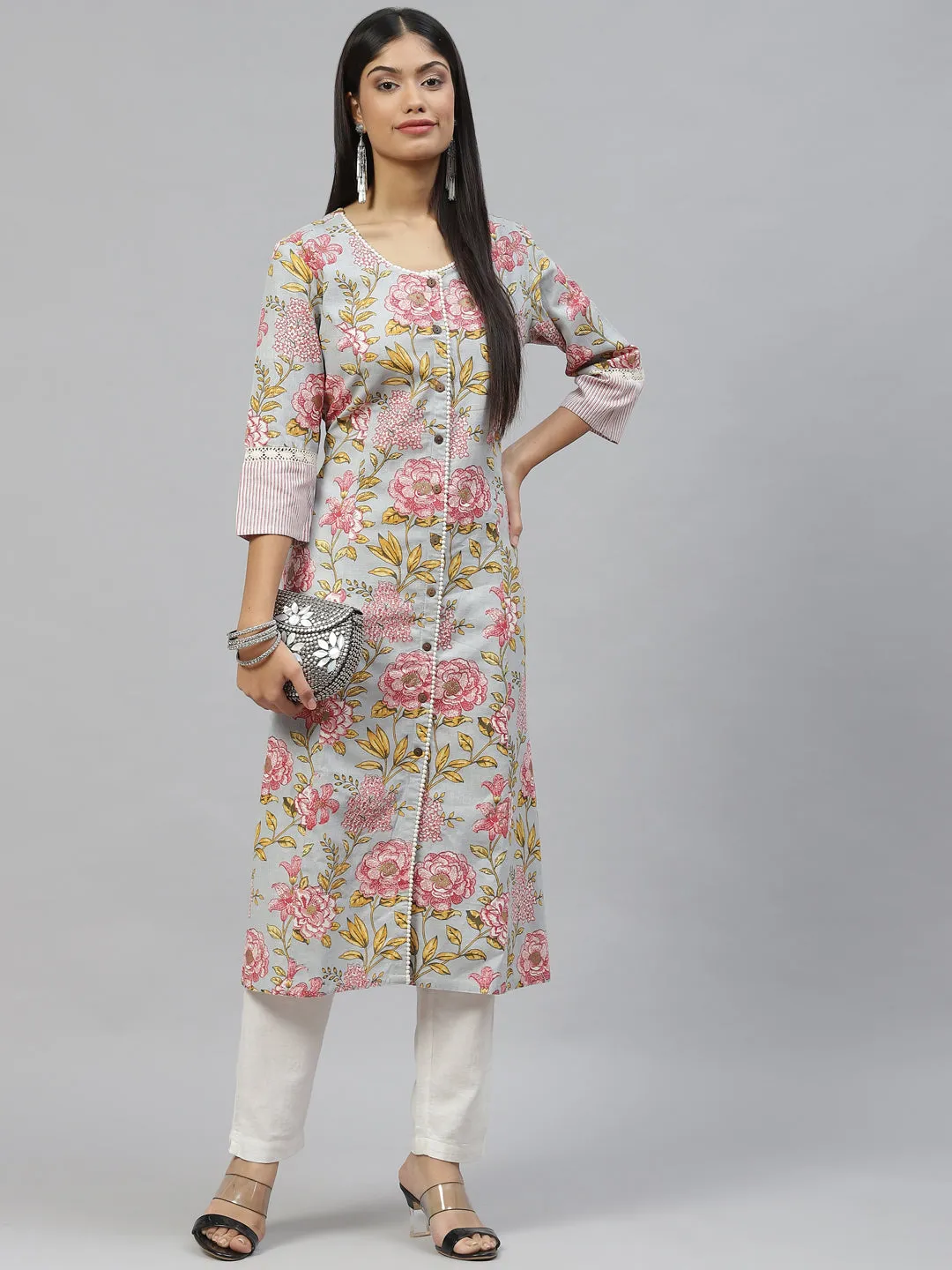 Women Sky Blue Floral Cotton Flex A-Line Kurta