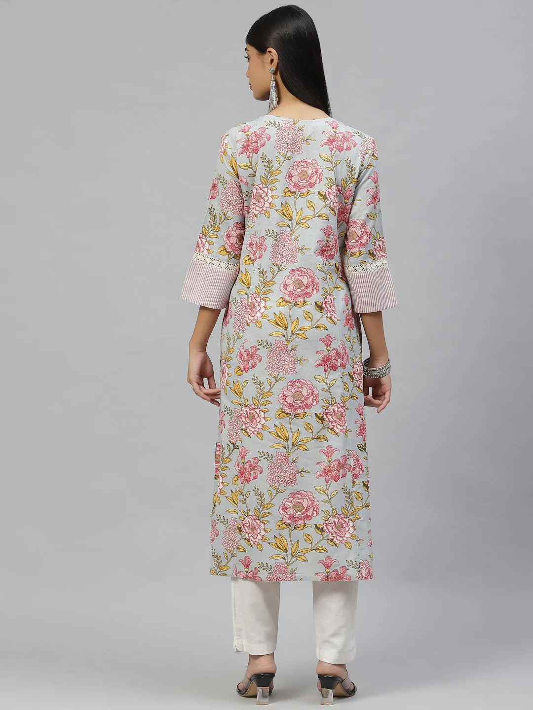 Women Sky Blue Floral Cotton Flex A-Line Kurta