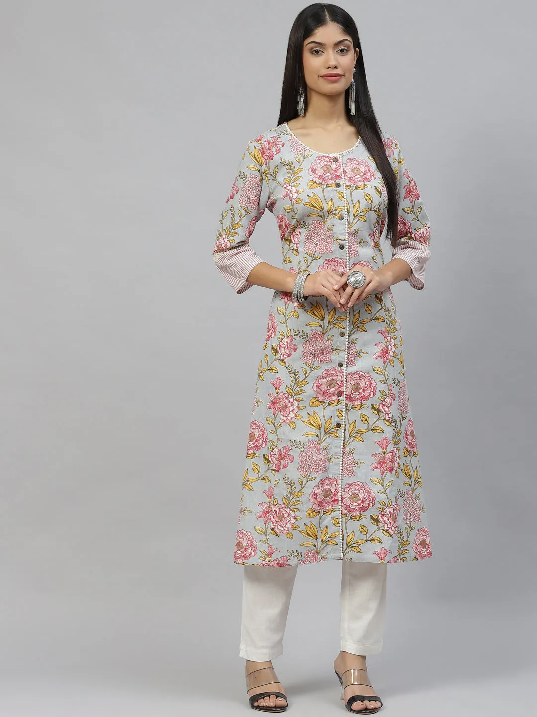 Women Sky Blue Floral Cotton Flex A-Line Kurta