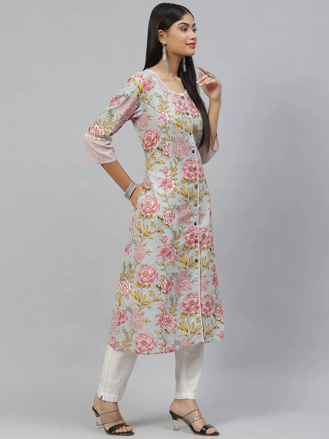 Women Sky Blue Floral Cotton Flex A-Line Kurta