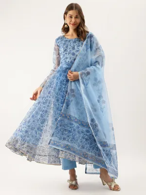 Women Sky Blue Floral Printed Organza Anarkali Kurta Dupatta Set with Cotton Lining