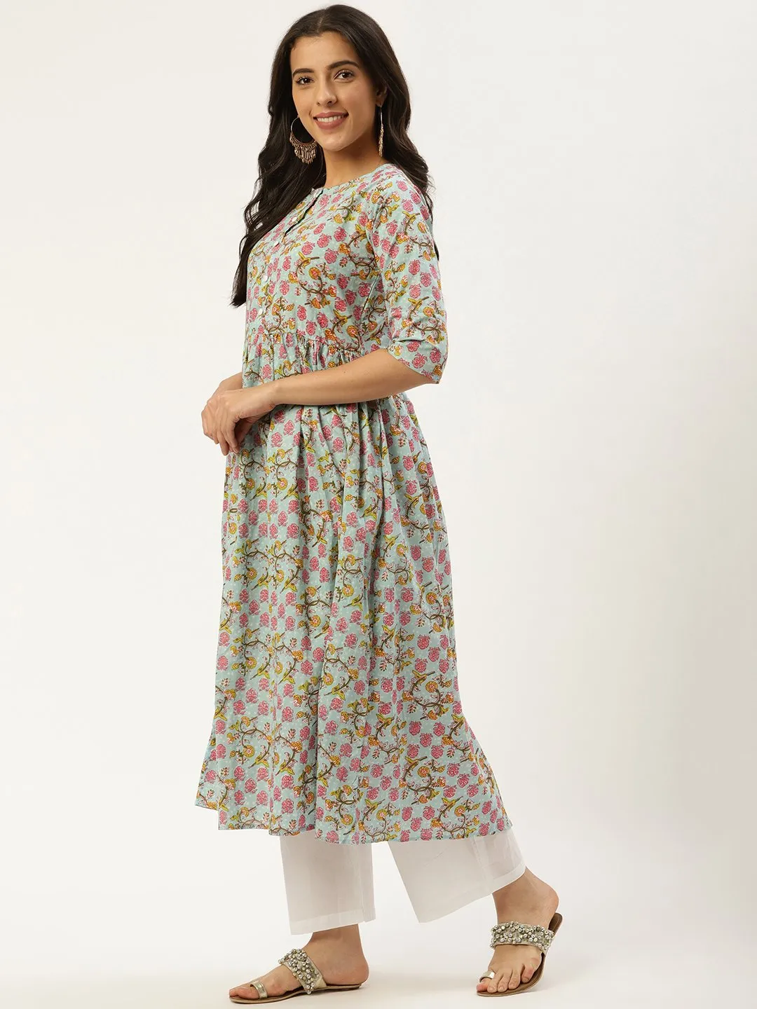 Women Sky Blue Three-Quarter Sleeves Flared Kurta And Palazzo Set