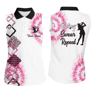 Women sleeveless polo shirt custom pink tie dye leopard swing swear repeat white golf shirt for women