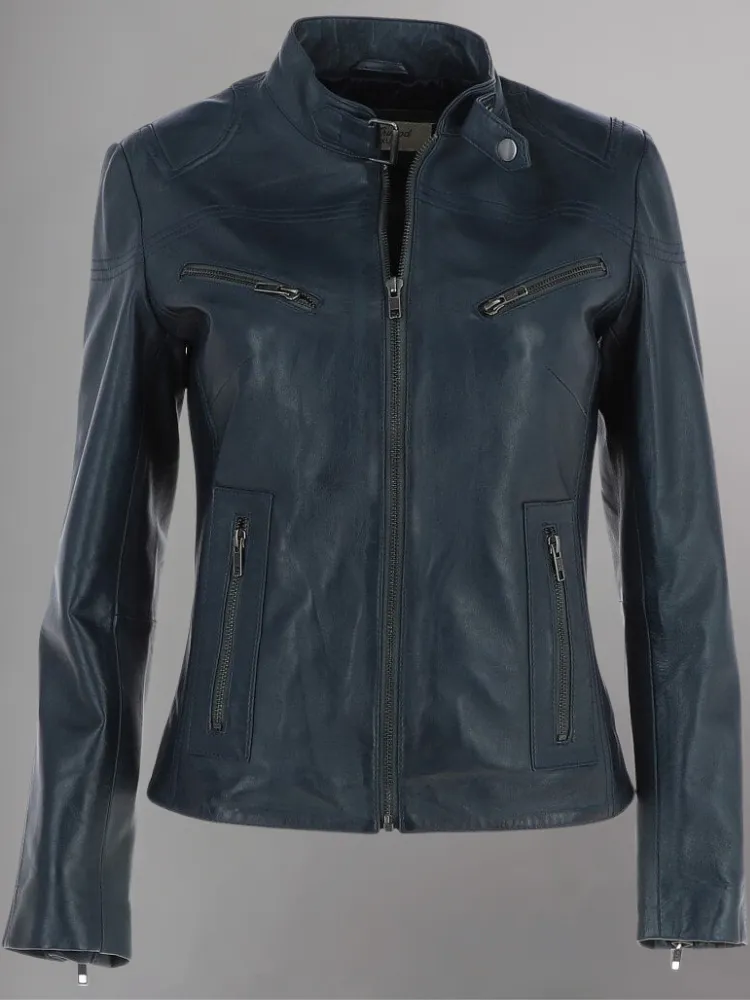 WOMEN SLIM FIT GENUINE BIKER STYLE CAFE RACER BLUE LEATHER JACKET