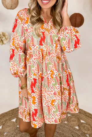 Women Split Neck Long Puff Sleeve High Waist Printed Dress