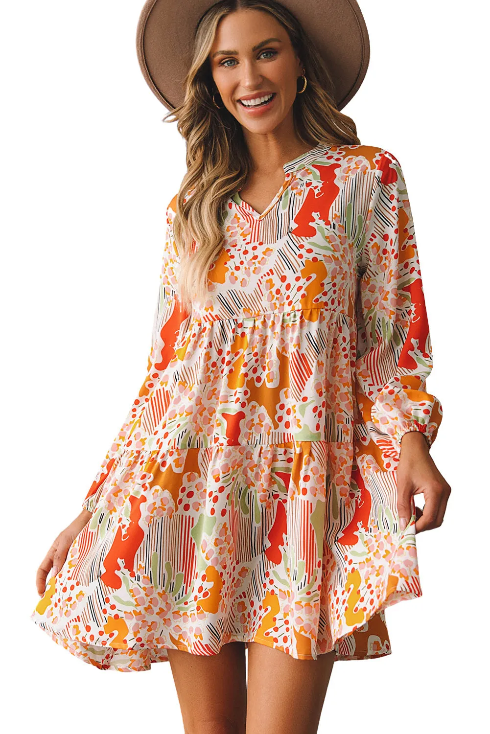 Women Split Neck Long Puff Sleeve High Waist Printed Dress