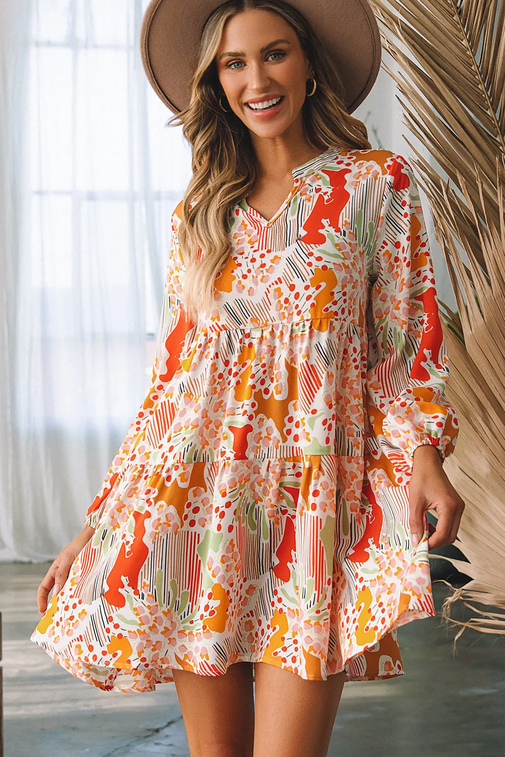 Women Split Neck Long Puff Sleeve High Waist Printed Dress