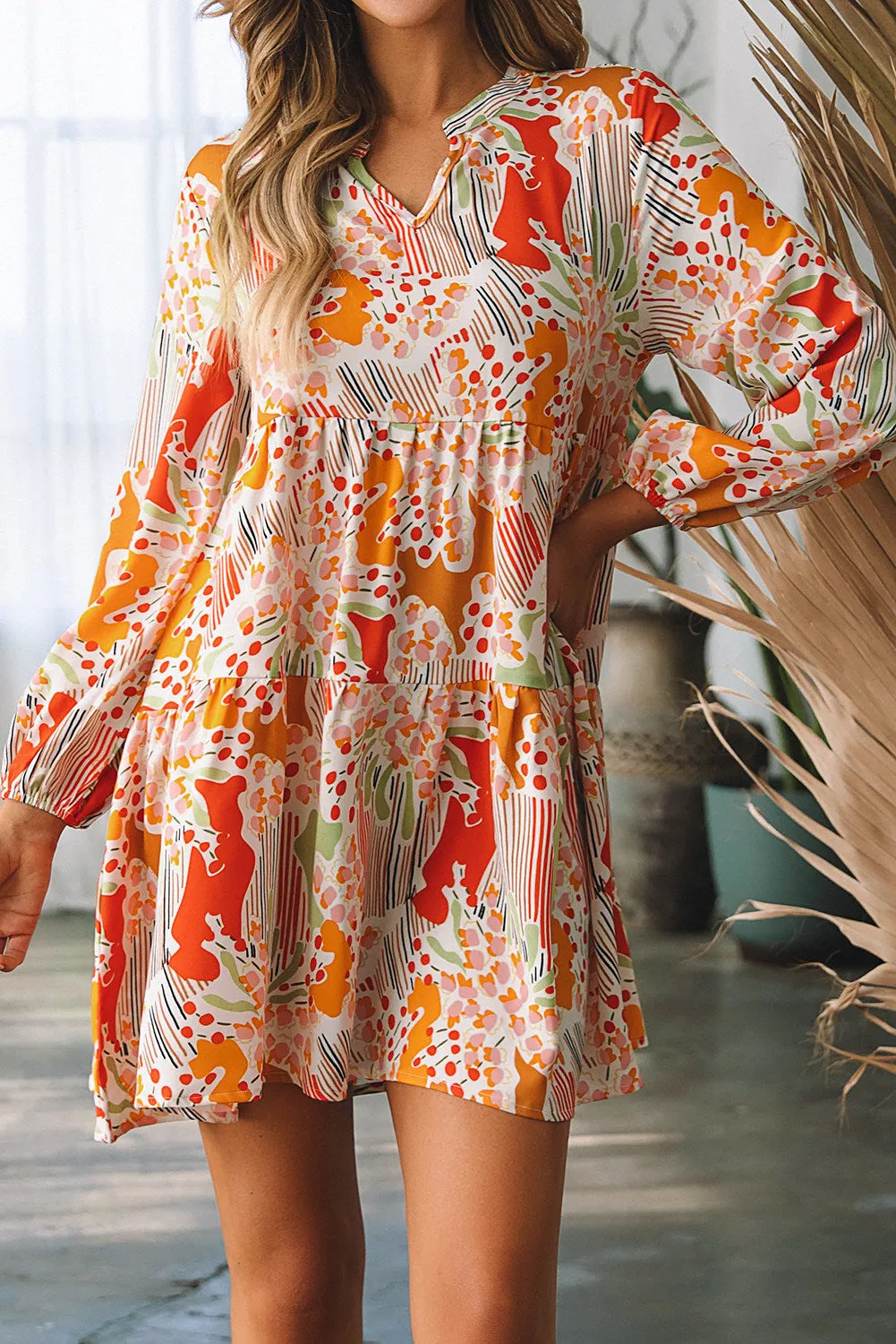 Women Split Neck Long Puff Sleeve High Waist Printed Dress