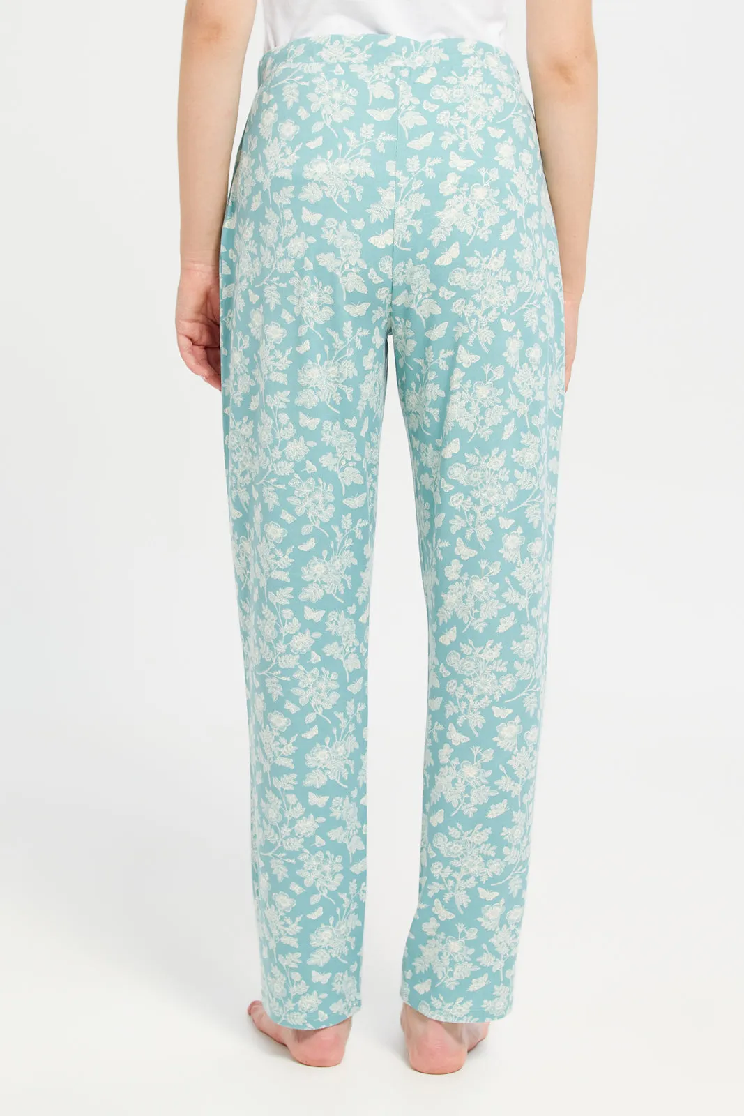 Women Teal And Beige Printed Pajama Bottom Set (2 Piece)