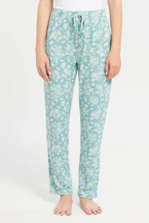 Women Teal And Beige Printed Pajama Bottom Set (2 Piece)