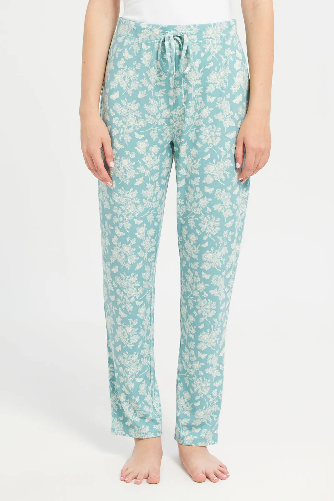 Women Teal And Beige Printed Pajama Bottom Set (2 Piece)