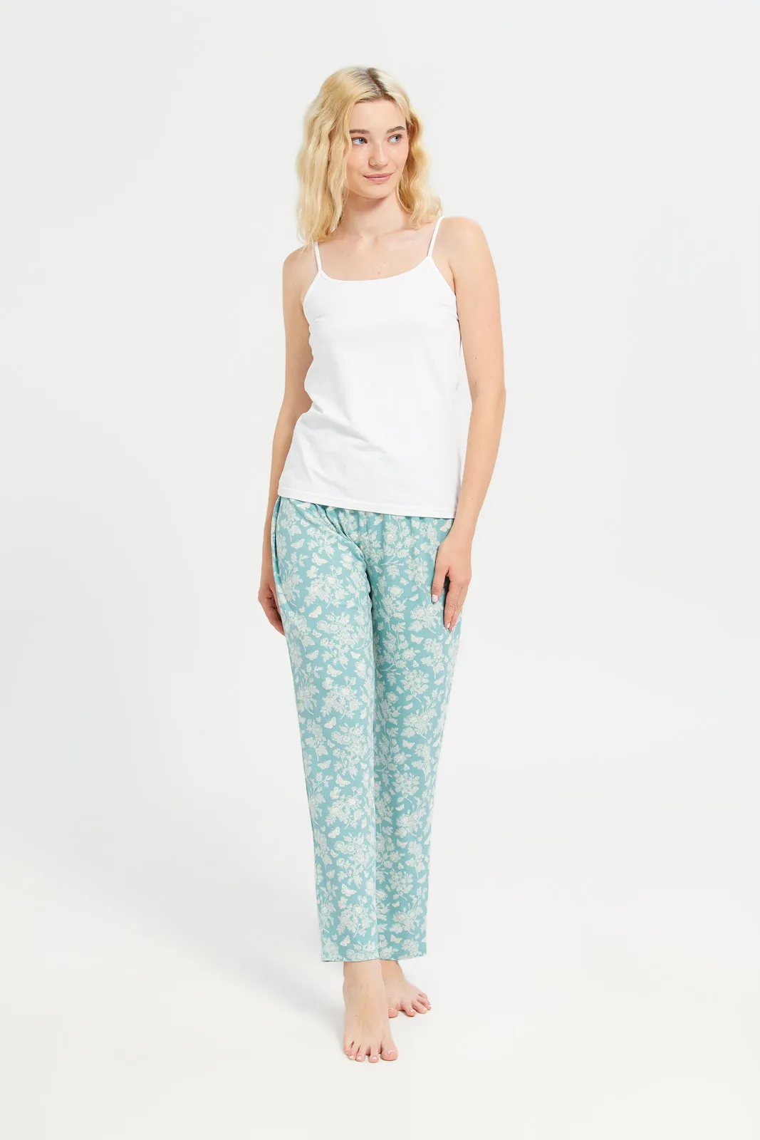 Women Teal And Beige Printed Pajama Bottom Set (2 Piece)