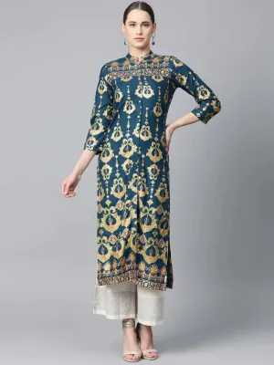 Women Teal Blue & Fluorescent Green Printed Straight Kurta